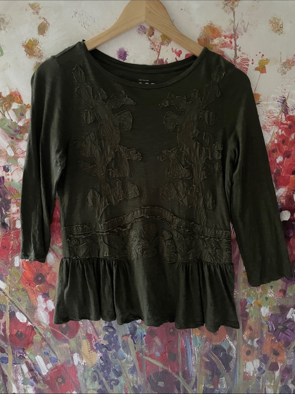 LOFT Dark Olive Embroidered Peplum Long Sleeve Top